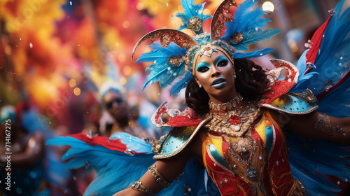 A vibrant photograph capturing a colorful and lively carnival parade  with costumed performers in elaborate outfits  showcasing the energy and vivacity of the celebration