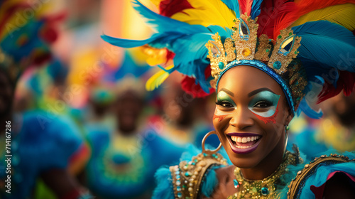  A vibrant photograph capturing a colorful and lively carnival parade, with costumed performers in elaborate outfits, showcasing the energy and vivacity of the celebration