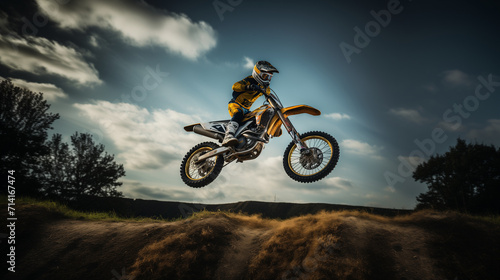 A breathtaking photo of a daredevil motocross rider executing a mid-air trick  the daring jump and precision of the stunt exemplifying the excitement and self-discovery in extreme sports.