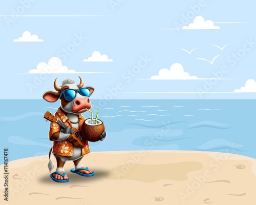 Cow vacation Beach holidays cow drinking cocktail beach maldives bahamas cow chilling relaxing recovering cow milk commercial advertisement meme concept kids book cover banner poster digital art calf