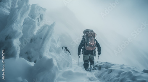 A gripping photo of a mountaineer conquering a snow-covered summit in a blizzard, reflecting resilience and self-discovery in extreme conditions.