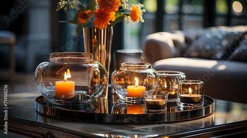 Glass candles on a mirrored tray, reflecting the surrounding decor and amplifying the sense of space in a small room.