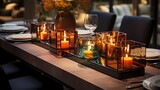 Glass candles placed on a mirrored surface, multiplying the visual impact and creating a glamorous aesthetic in a dining area