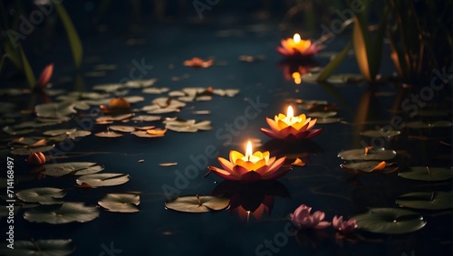 Floating Diya Lamp in the lake with water Lilies photo