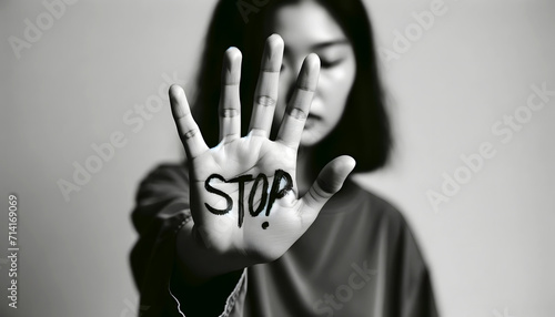 Silent cry: woman's Hand with 'STOP!' message advocating against domestic violence photo