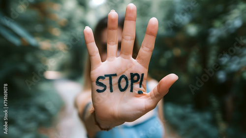 Silent cry: woman's Hand with 'STOP!' message advocating against domestic violence