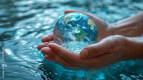 A hand holding globe, world water day concept to promote environmental protection, Generative AI.