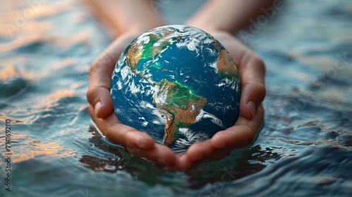 A hand holding globe, world water day concept to promote environmental protection, Generative AI. photo