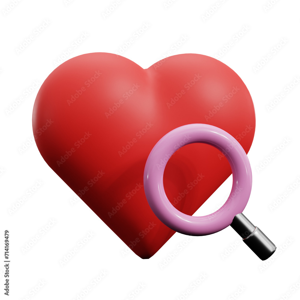 heart and magnifying glass. 3d render. heart and magnifying glass. 3d render.
