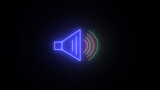 Bright neon ui ux icon on the speaker. Glowing speaker sign on black backdrop.