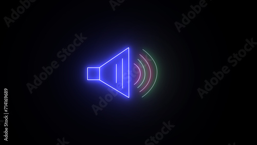 Bright neon ui ux icon on the speaker. Glowing speaker sign on black backdrop.