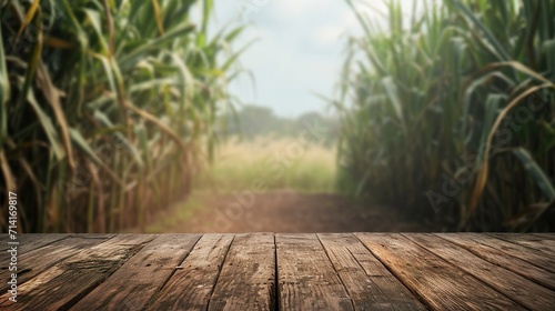 Empty wooden brown table top with blur background of sugarcane plantation photo