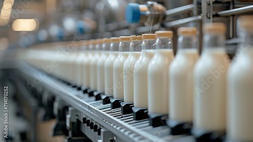 A line of filling bottles with yogurt or milk in an automated factory dairy farming process, space, Generative AI.