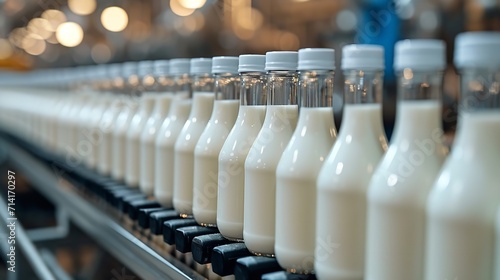 A line of filling bottles with yogurt or milk in an automated factory dairy farming process, space, Generative AI. photo