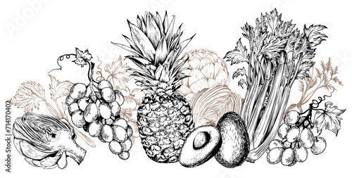 Horizontal arrangement of fruits and vegetables. Pineapple, avocado, grapes, celery and artichoke vector illustrations.