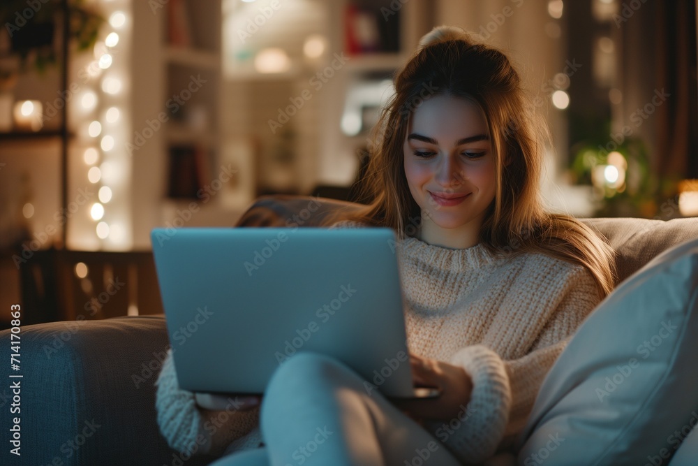 Woman Relaxing with Laptop in Comfortable Home Setting Woman Relaxing with Laptop in Comfortable Home Setting