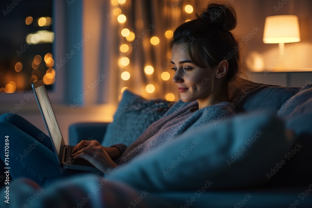 Woman Relaxing with Laptop in Comfortable Home Setting Woman Relaxing with Laptop in Comfortable Home Setting