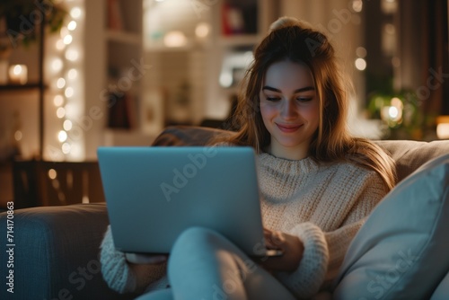 Woman Relaxing with Laptop in Comfortable Home Setting