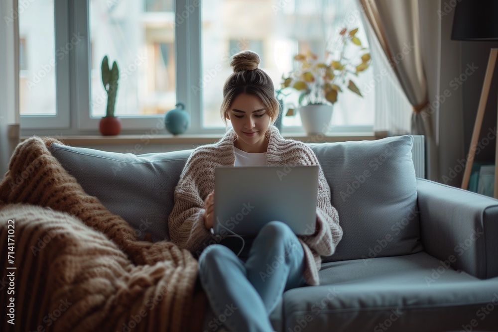 Woman Relaxing with Laptop in Comfortable Home Setting Woman Relaxing with Laptop in Comfortable Home Setting