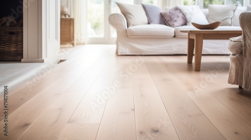 Close-up of a light oak engineered hardwood floor in a Scandinavian-style living room, with a clean and natural finish photo