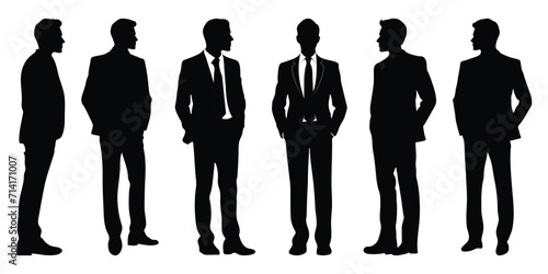 Businessman in a suit walking with a hand in his pocket, Businessman in different poses side profile vector silhouette set isolated on a white background. Businessmen Silhouettes.