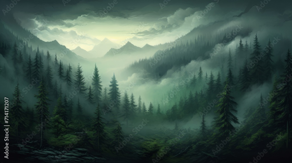 A captivating scene of a dense forest enveloped in a mysterious and ethereal fog, creating a tranquil ambiance