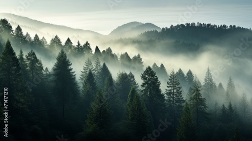 A captivating scene of a dense forest enveloped in a mysterious and ethereal fog, creating a tranquil ambiance © NK