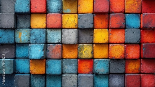  a close up of a multicolored wall made up of blocks of different sizes and colors of different shapes and sizes, with a red, orange, blue, yellow, green, red, orange, and grey, and black.