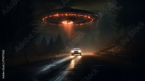 A car drives on a road while a flying saucer hovers above it