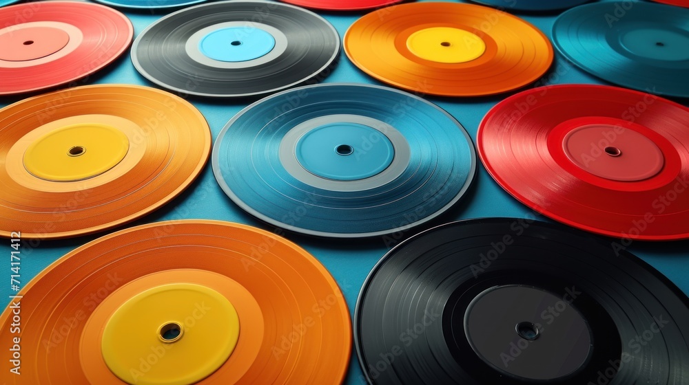 Φωτογραφία a bunch of different colored records sitting on top of a blue and orange table top with a yellow disc in the middle of the center of the picture and a yellow disc in the middle of the middle of the