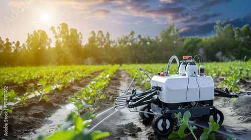 Farming activities background with eco-friendly robots. robot farmers. Advanced, efficient and cost-reducing agriculture with industry 5.0 technology.