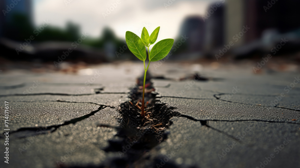 Small Green Plant Emerging From the Asphalt Road, A New Beginning of Growth and Life - obrazy, fototapety, plakaty 