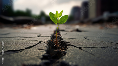 Small Green Plant Emerging From the Asphalt Road, A New Beginning of Growth and Life