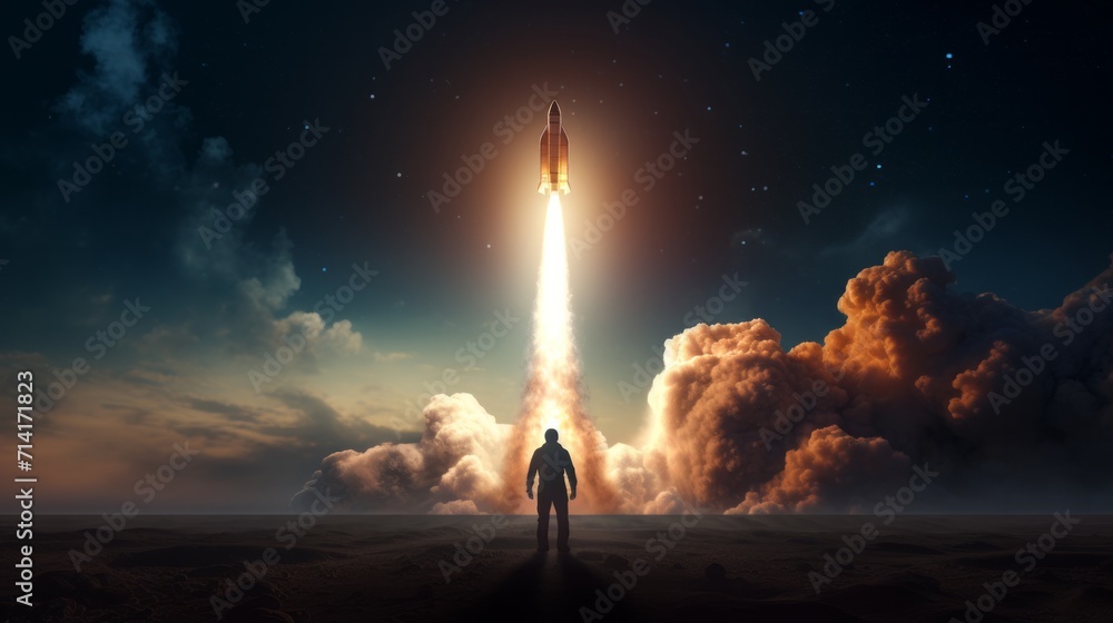 Man Standing in Front of Rocket Takes Off in the Sky