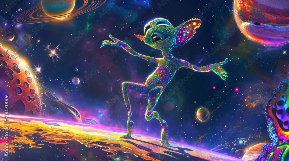 Alien Standing on Top of Planet in a Captivating Painting