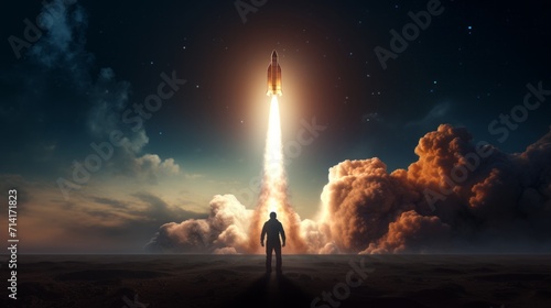 Man Standing in Front of Rocket Takes Off in the Sky © NK