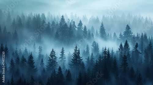 Misty Forest, A Serene Landscape Immersed in Fog With Abundant Trees © NK