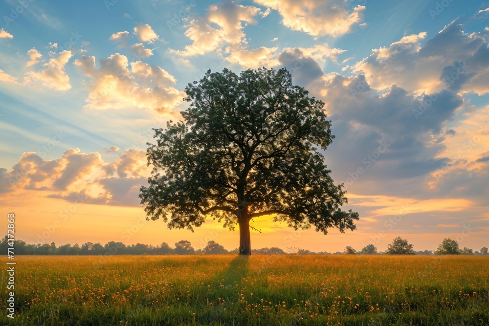 beautiful view of a tree in the middle of a high field