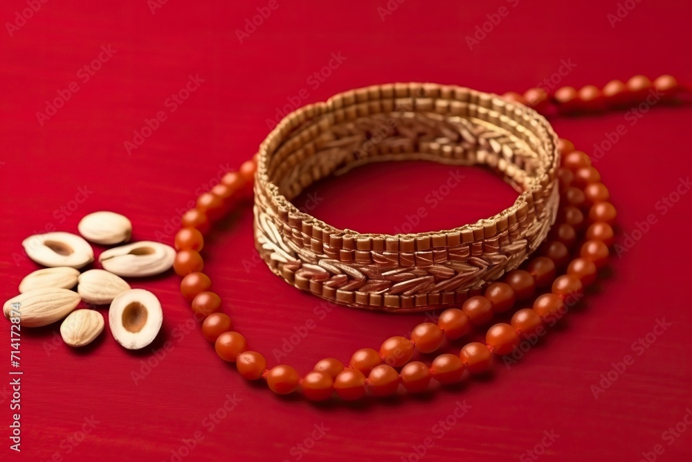 Indian festival with beautiful Rakhi and Rice Grains Indian festival with beautiful Rakhi and Rice Grains