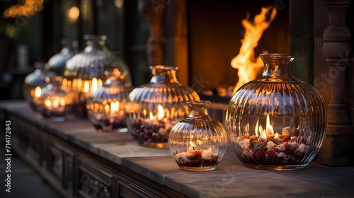 Transparent glass candles reflecting the warm hues of a fireplace, enhancing the cozy ambiance in a winter-themed decor.