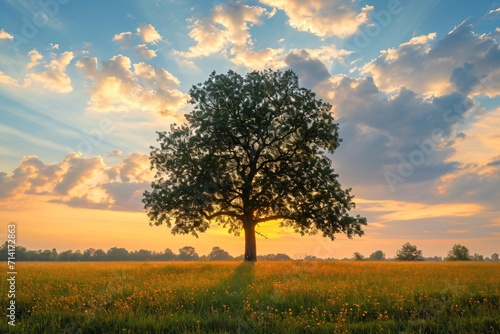 beautiful view of a tree in the middle of a high field © happy