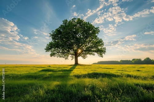 beautiful view of a tree in the middle of a high field