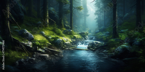 Beautiful summer landscape with trees Panoramic view of sunbeams through the trees in the Forest Stream A Peaceful and Serene Nature Scene Fantastic dark forest with fog greenery.
