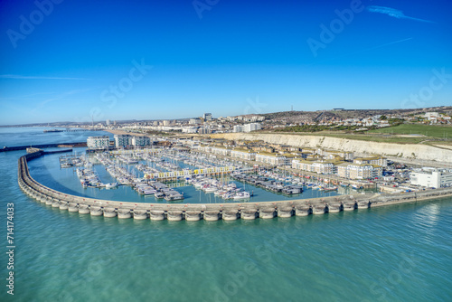 Brighton Marina in East Sussex, Southern England, with chalk cliffs and Brighton City in the background, Aerial view from the sea.
