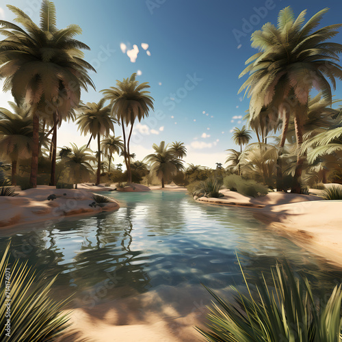 Desert oasis with palm trees and a tranquil pond. 