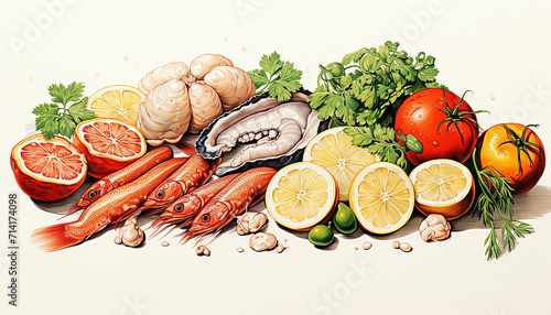 Seafood set with fish, octopus, shrimp, sea urchin, crab, tentacles, salmon, oyster, mussel flat illustration. Collection restaurant menu delicious food in ice cubes. Luxury gourmet delicious