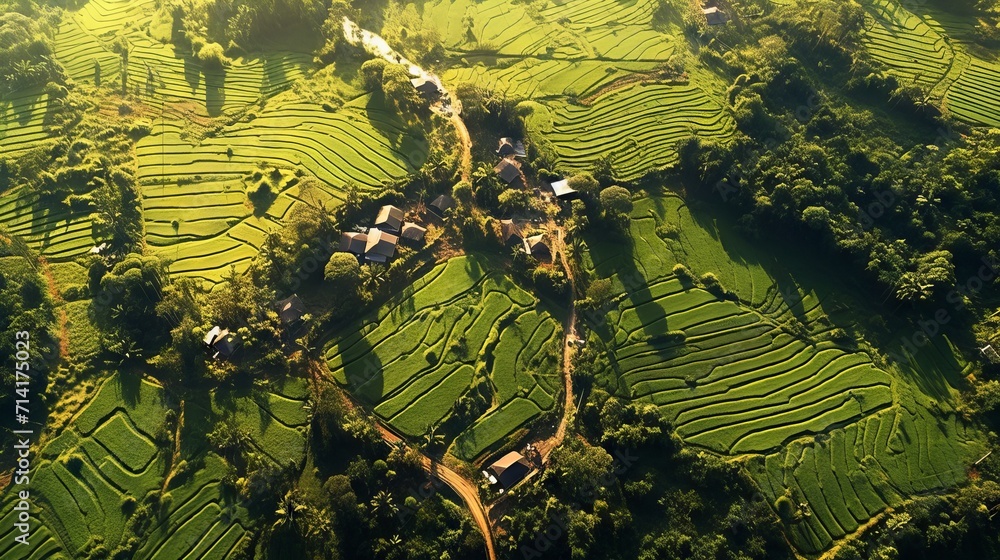 Fototapeta premium An aerial shot of terraced rice fields surrounded by green trees and buildings.