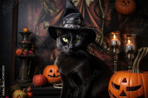 Jack o lantern halloween pumpkins and black cat in witch hat