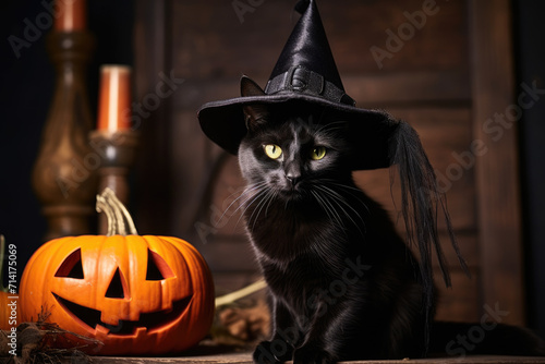 Jack o lantern halloween pumpkins and black cat in witch hat © LFK