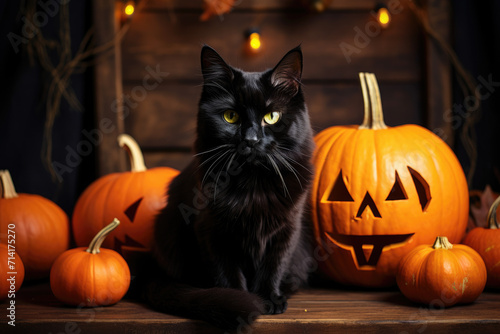 jack o lantern halloween pumpkins and black cat